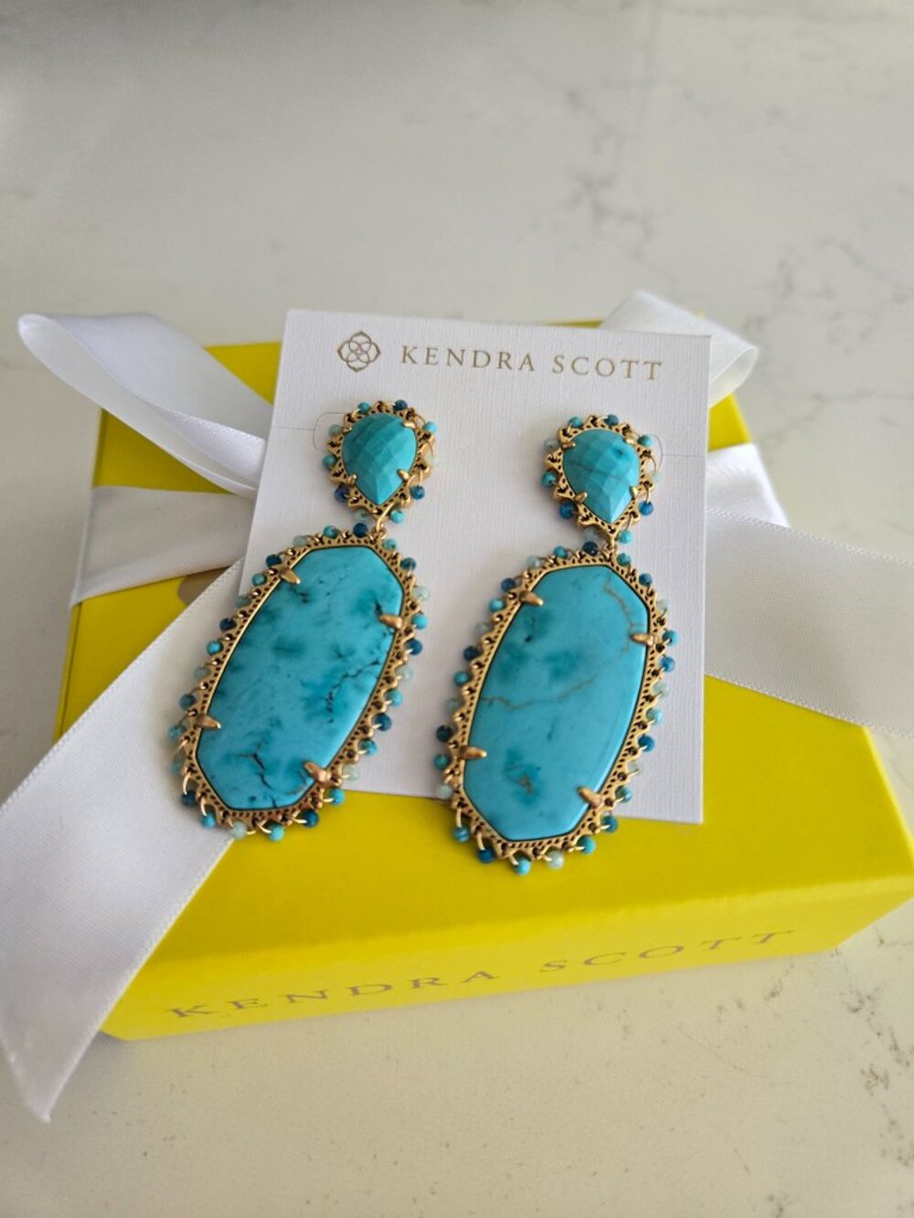 Kendra Scott Yellow Rose Parsons Vintage Gold Statement Earrings Turquoise NWB - Picture 9 of 10